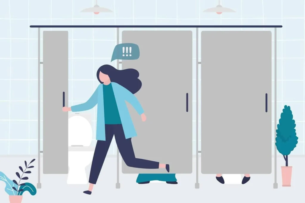 graphic of Urine incontinence Brentford woman running to the toilet.