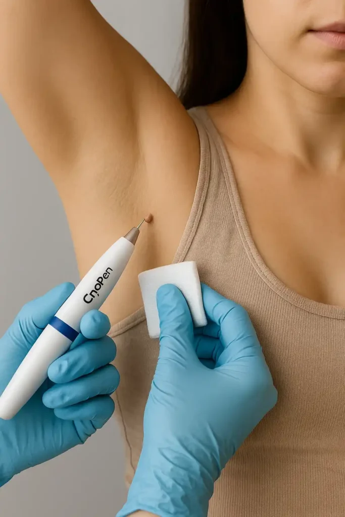 woman having cryopen to remove underarm skin tags Brentford