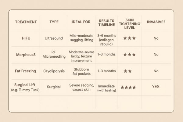Table showing the comparisons of Skin tightening Brentford treatment options.